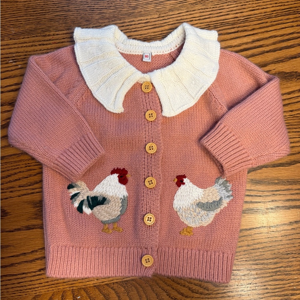 Pink Cardigan with Chicken Embroidery